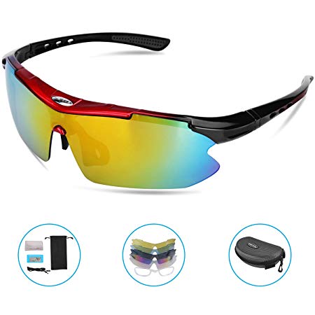 HiCool Cycling Glasses, Polarized Sports Sunglasses with 5 Interchangeable Lenses UV Protection Unbreakable Driving Running Hiking Golf Baseball Fishing Biking Glasses for Men Women Youth