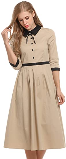 ACEVOG Women A Line Fit Flare Dress Bow 3/4 Sleeve Knee Length Retro Party Evening Swing Dress