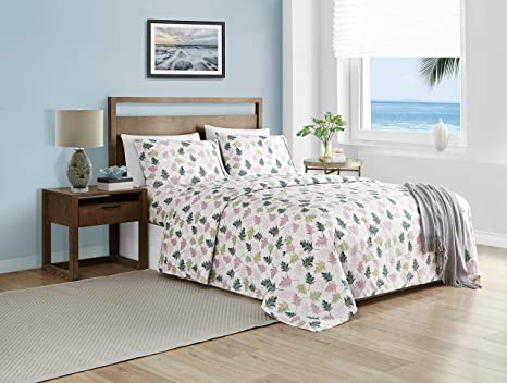 Elegant Comfort Ultra-Soft Double Brushed 4-Piece Microfiber Sheet Set. Beautiful Tropical Patterns, and Vibrant Solid Colors, Luxury, All-Season Bed Sheet Set - Palm Leaves, Queen