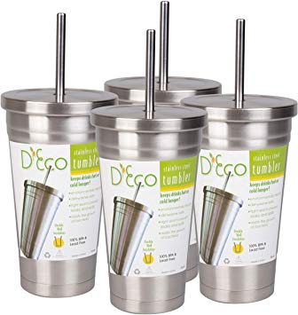 Stainless Steel Tumbler with Straw- (4 pack) 16 oz Hot & Cold Double Wall Insulated Drinking Mugs