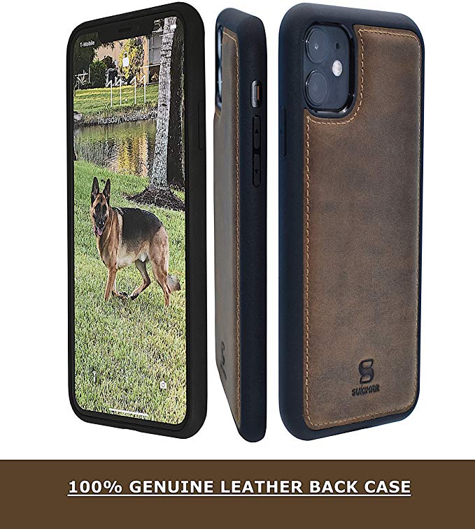 iPhone 11 Leather case, Genuine Leather iPhone case [Supports Wireless Charging] [Scratch-Resistant] [Drop Protection] Textured and Wallet Styles (Brown-FullCase-11)