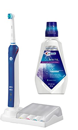 Oral-B 3000 Professional Care 3000 Electric Toothbrush, White and Blue, And Bonus Crest 3D White Whitening Rinse, Fresh Mint, 16 FL OZ Bottle