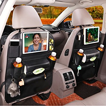 Premium Pu Leather Car Back Seat Organizer for Travel With Baby Storage Bags iPad mini Holder, Back Seat Protector/Kick Mat/Car Organizer (1 Pack, Black)