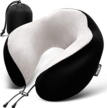 HOKEKI Travel Pillow 100% Pure Memory Foam Neck Pillow, Comfortable & Lightweight , Breathable and Improved Support Design, for Airplanes and Travel