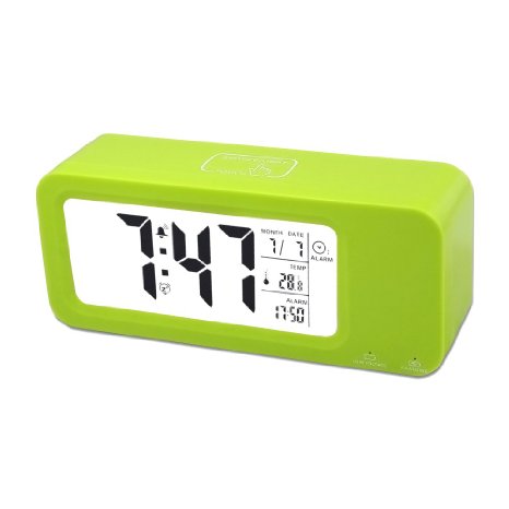 Travel Alarm Clock Rechargeable, Samshow Alarm Clock with 2 Alarms a Week/3 Alarms a day, 12/24h /Temperature(C/F)/Date Display, Snooze/Sensor Nightlight Function(Green, Build-In Battery)