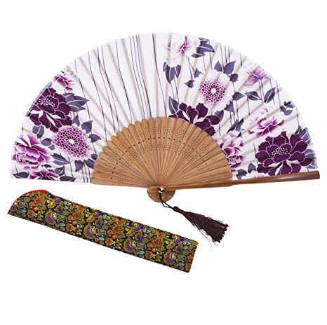 Amajiji 8.27"(21cm) Hand Held Bamboo Silk Folding Fan Hand Fan,Chinese / Japanese Charming Elegant Vintage Retro Style,Women Ladys Girls Best Gifts (LXHS1)