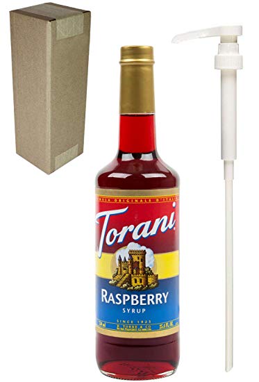 Torani Raspberry Fruit Flavoring Syrup, 750mL (25.4 Fl Oz) Glass Bottle, Individually Boxed, With White Pump