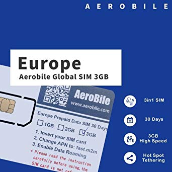 Aerobile Europe Data SIM Preloaded 3GB 30Days. Hot Spot Tethering. No Registration Required US Seller
