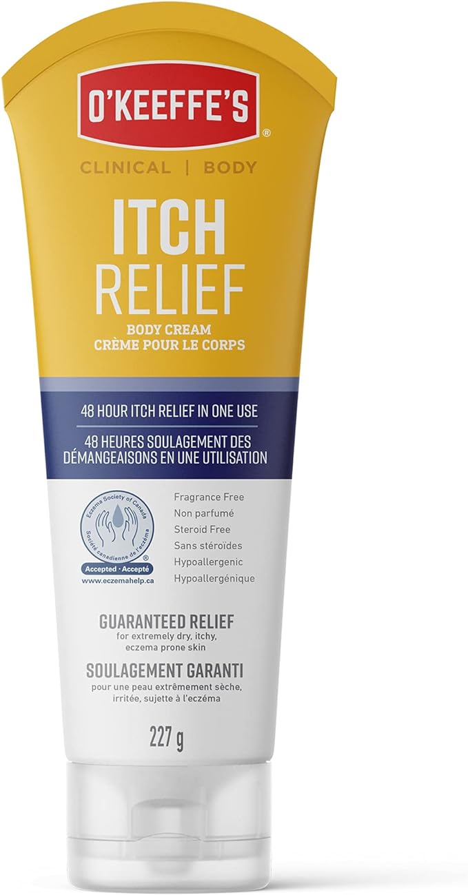 O'Keeffe's Itch Relief Body Cream, 48 Hour Itch Relief for Dry and Eczema Prone Skin, Fragrance Free, Steroid Free, Hypoallergenic, 8 oz / 227 g, Tube, (Pack of 1) 105253, White