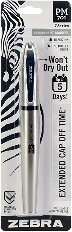 Zebra Pen 65111 Zebra PM-701 Stainless Steel Permanent Marker, Fine Bullet Tip, Black Ink, 120 Hours Cap Off Time, Refillable, 1-Count