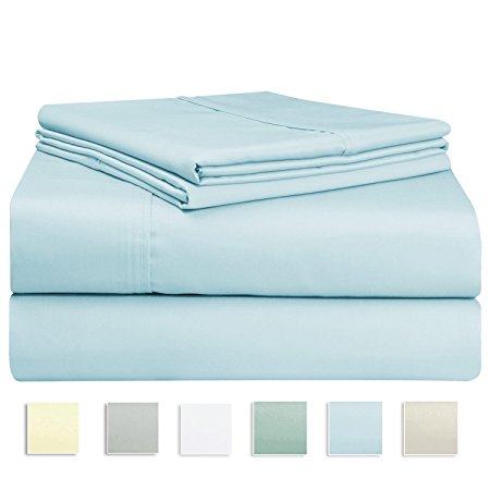 400 Thread Count Sheet Set, 100% Long-staple Cotton Light Blue King Sheets, Sateen Weave Bedsheets, Stylish 4-inch hem, upto 17 inch Deep Pocket by Pizuna Linens (100% Cotton Sheet Set LightBlue King)