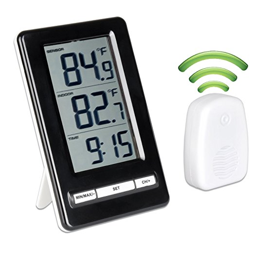 Qooltek Indoor Outdoor Thermometer Wireless Temperature Station featuring Big Digital LCD Display MIN/MAX records and Clock