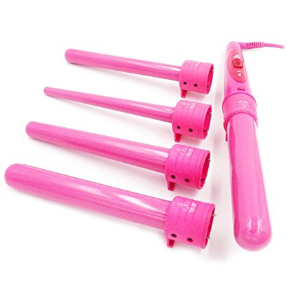 Professional 5 in 1 curling wang Flexible Hair Ceramic hair curler Coated Curling Wand Hair Roller Style Conical Curling Irons Set Pink or Black with Glove 5 Different Sized Interchangeable Barrels to Create a Variety of Curls According to Your Styling Needs Pink