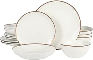 Gibson Elite Kings Road Double Plates and Bowl Organic Round Porcelain Chip and Scratch Resistant Dinnerware Set - Matte White w/Gold Rim