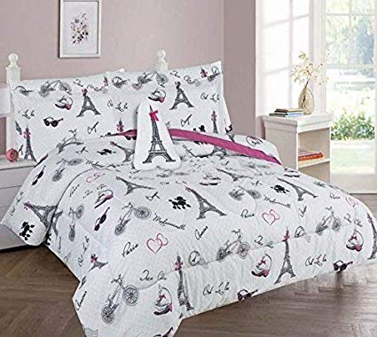 Golden Linens Full Size 4 Pieces Printed Comforter Set Multi Colors White Black Pink Paris Eiffel Tower Design Girls/Kids/Teens # Full 4 Pc Paris