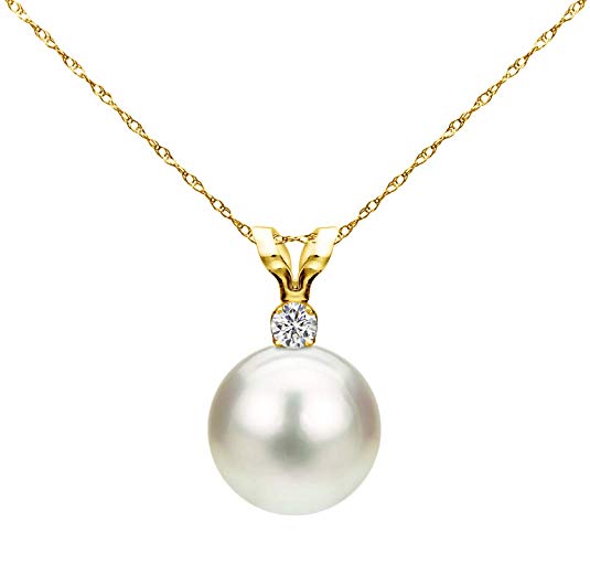 La Regis Jewelry White Saltwater Cultured Japanese Akoya Pearl Diamond Pendant Necklace 14K Gold 1/100 CTTW 7-7.5mm