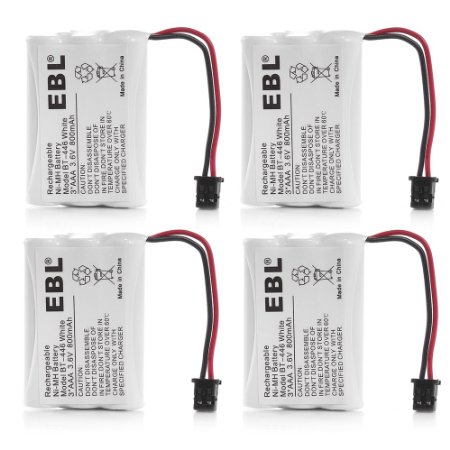 EBL 4 Pack BT-446 Cordless Phone Battery 800mAh 36V Ni-MH Replacement Rechargeable Battery for Uniden Cordless Phone BT-446 BT446 BP-446 BP446 BT-1005 BT1005 TRU8885 TRU8885-2 TRU88852 TRU8888 TRU9460 TRU9465 TRU9480 TCX-800