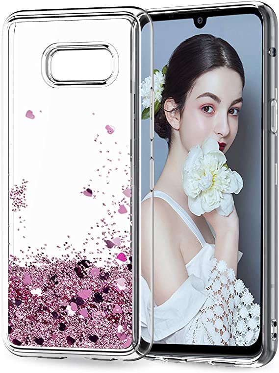 LeYi Case for LG G8X ThinQ Case, Girl Bling Glitter Liquid Floating Crystal Sparkle Cute Double Layer Clear Silicone Gel TPU Bumper Shockproof Protective Phone Cover for LG G8X ThinQ Rose Gold