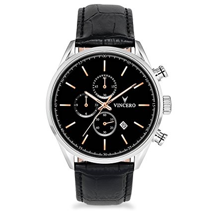 Vincero Men's Chrono S Watch - Black   Rose Gold with Leather Band