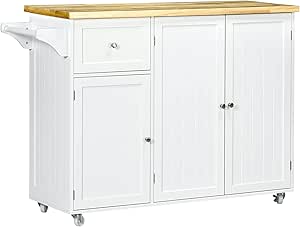 HOMCOM Rolling Kitchen Island on Wheels, Kitchen Island Cart with Rubber Wood Top, Towel Rack, Storage Cabinets and Drawer, White