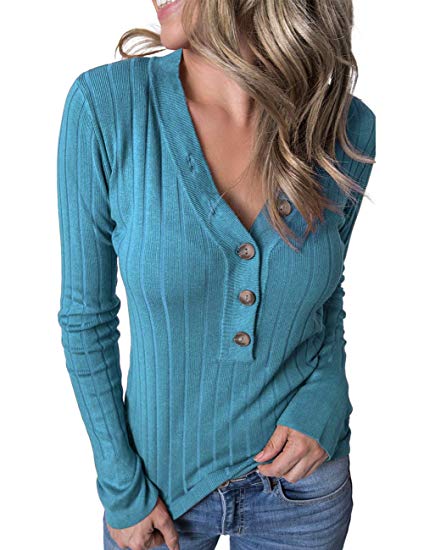 MEROKEETY Women's Long Sleeve V Neck Ribbed Button Knit Sweater Solid Color Tops