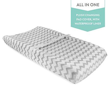 Waterproof Plush Change Pad Cover 100% Cotton Grey and White Chevron Velvet by Ely's & Co no need for Changing Pad Liner