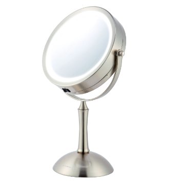 Ovente MDT70BR 7.0 Inch Battery Operated LED Lighted Tabletop Vanity Makeup Mirror, 1x/8x Magnification, Nickel Brushed