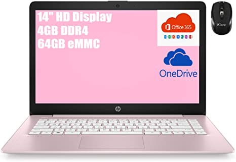 Flagship HP Stream 14 Laptop Computer 14" HD SVA Micro-Edge Display Intel Celeron N4000 Processor 4GB DDR4 64GB eMMC HDMI WiFi Webcam Office 365 Win 10 (Pink)   iCarp Wireless Mouse