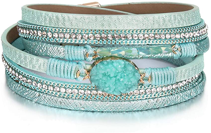 FANCY SHINY Leather Wrap Bracelet Boho Cuff Bracelets Crystal Bead Bracelet with Magnetic Clasp for Women