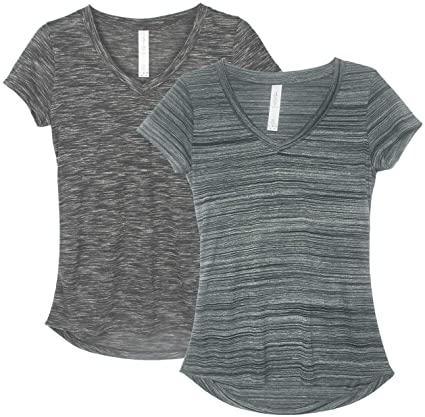 icyzone Workout Shirts for Women - Yoga Tops Activewear Gym Shirts Running Fitness V-Neck T-Shirts（Pack of 2）