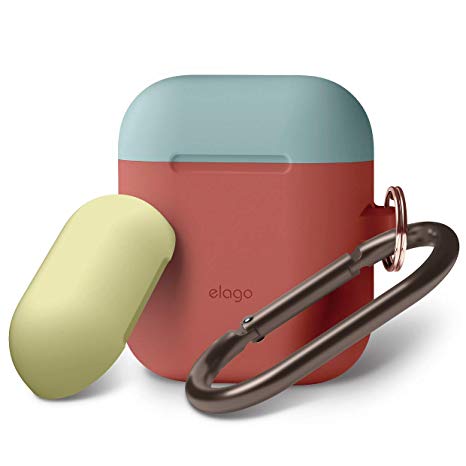 elago AirPods Duo Hang Case [Body:Italian Rose/TOP:Coral Blue, Creamy Yellow] - [Compatible with Apple AirPods 1 & 2; Front LED Not Visible][Supports Wireless Charging][Carabiner] - for AirPods 1 & 2