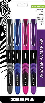 Zebra Pen Fountain Pen, Fine Point, 0.6mm, Assorted Colors, Non-Toxic Ink, 4-Pack