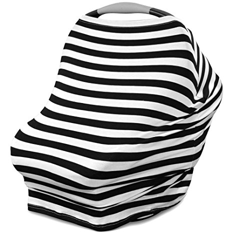 Multi Use Carseat Canopy | Nursing Cover | Shopping Cart Cover | Infinity Scarf- Black & White Stripe Print | Best Baby Gift for Boys and Girls | Fits Most Infant Car Seats | For Breastfeeding Moms