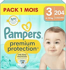 Pampers Premium Protection, Taille 3, 204 Couches, 6-10kg, Double Protection pour la peau et contre les fuites Avec Poche Stop & Protect pour aider à capturer les Fuites, Pack 1 Mois