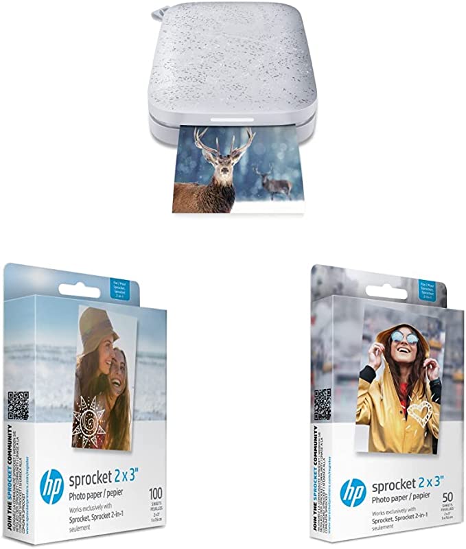 HP Sprocket Portable 2x3 Instant Photo Printer (Luna Pearl) & Sprocket 2x3 Premium Zink Sticky Back Photo Paper (100 Sheets) & Sprocket 2x3 Premium Zink Sticky Back Photo Paper (50 Sheets)