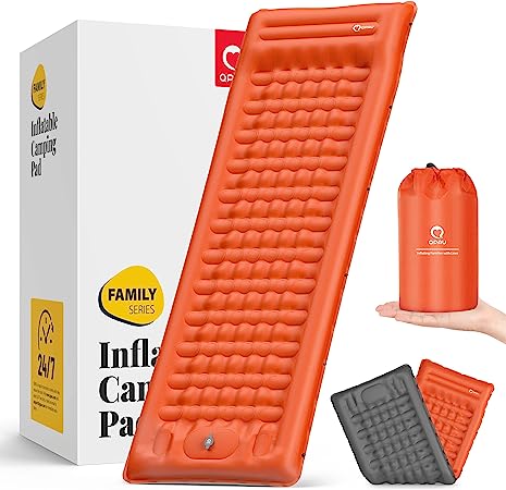 QPAU Camping Sleeping Pad, Camping Mat, Enhanced Support for Healthy Comfort Sleep, with Built-in Foot Pump, 4.7 Inch Durable Sleeping Mattress for Camping, Hiking, Backpacking and Home - Orange-1
