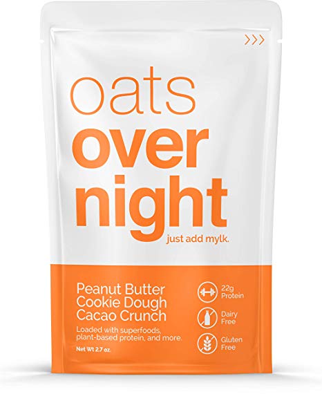 Oats Overnight Dairy-Free - Peanut Butter Cookie Dough Cacao Crunch - Premium High-Protein, Low-Sugar, Gluten-Free, Vegan Oatmeal (2.6oz per pack) (12 Pack)