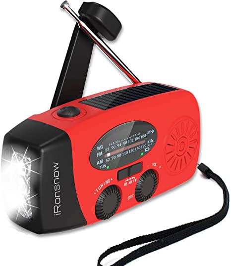 iRonsnow Solar Emergency NOAA Weather Radio Dynamo Hand Crank Self Powered AM FM WB Radios 3 LED Flashlight 2000mAh Smart Phone Charger Power Bank (Red)