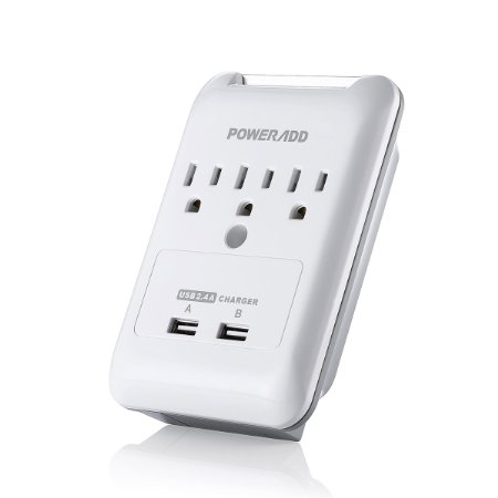 Poweradd UL listed 3-Outlet Wall Mount Power Socket 540J Surge Protector with Intelligent 24A USB Ports for iPhoneiPadGalaxyHTCNexus More New X3 MOV Technology