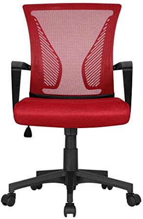 Yaheetech Ergonomic Fabric Mesh Office Chair Large Seat Desk Chair Adjustable and Swivel Chair with Lumbar Support, Red