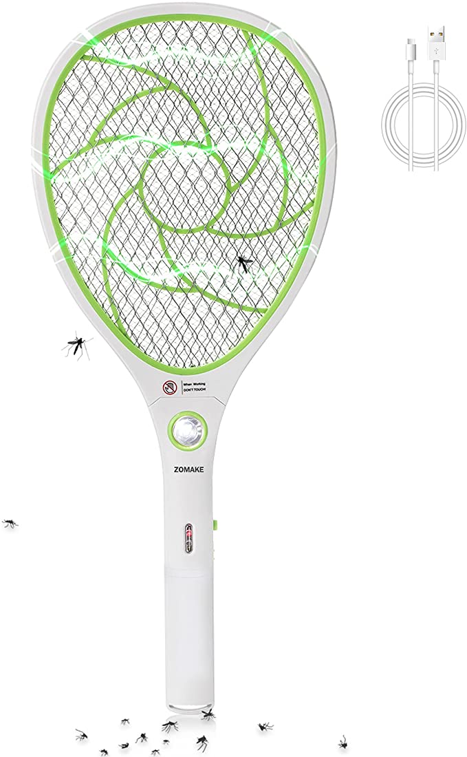 Zomake Electric Fly Swatter USB Rechargeable,Fly Killer Racket 3000 Volt Quite Powerful,GREEN