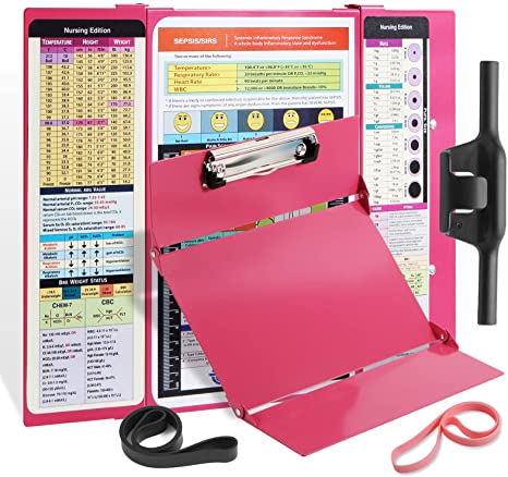 Nursing Clipboard with Nursing and Medical Edition Cheat Sheets 3 Layers Aluminum Foldable Nurse Clip Boards Notepad for Students, Nurses and Doctors (Pink)