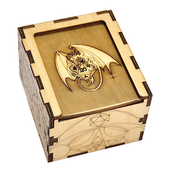 D&D Wood Dice Case DIY Puzzle Storage Box Carved with Dragon & D20 Perfect for RPG, DND, Board or Card Games