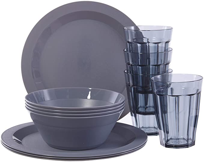 Cambridge Plastic Plate, Bowl and Tumbler Dinnerware | 12-piece set Grey