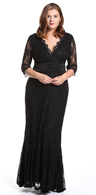 Dilanni Women's Plus Size V Neck Lace 1/2 Sleeves Long Evening Party Dresses