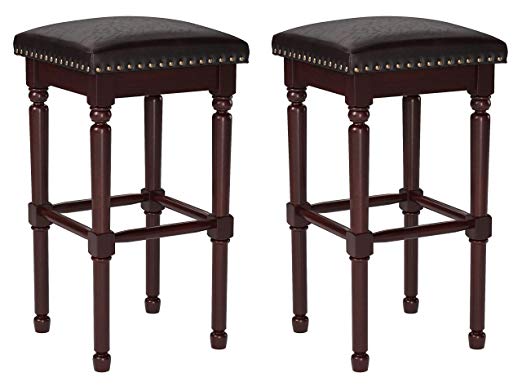 Ravenna Home Ferris Nailhead Detailed Wood Bar Stool, 29.3"H, Antique Walnut with Dark Brown Faux Leather (2 Pack)