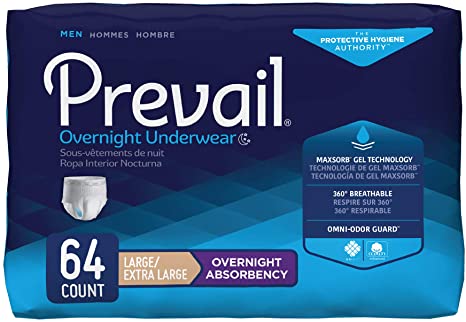 Prevail Incontinence Protective Underwear for Men, Overnight Absorbency, Lg/XL, 16 Count (Pack of 4 (64 Count))