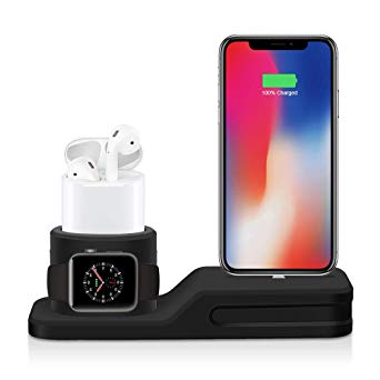USSJ Phone Stand Charging Dock, 3 in 1 Premium Silicone Stand Compatible for Airpods & iWatch & iPhone (Black)