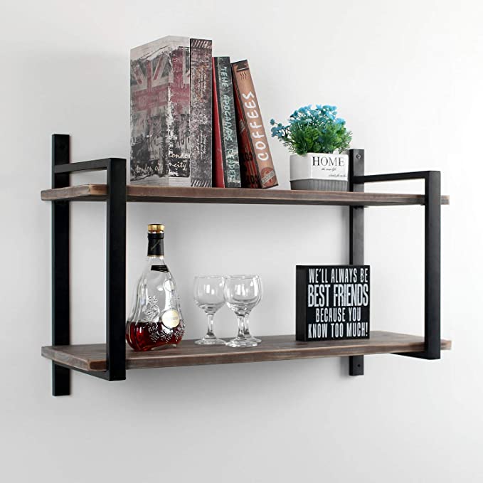 Womio Industrial Bookshelf/Bookcase Wall Mount,2 Tier Metal&Wood Wall Shelf Unit,30in Rustic Book Shelves,Hanging Wall Shelves for Bedrooms,Office,Living Room