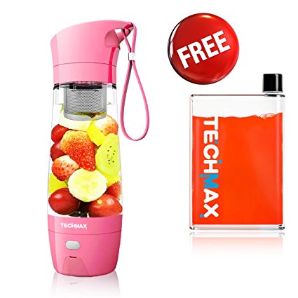 TECHMAX USB Juicer Cup Blender, Fruit Mixing Machine, Portable Personal Size Rechargeable Mixer, 3800mAh, 400ml, USB Charger with 5A Kettle, Outdoor Active -Pink
